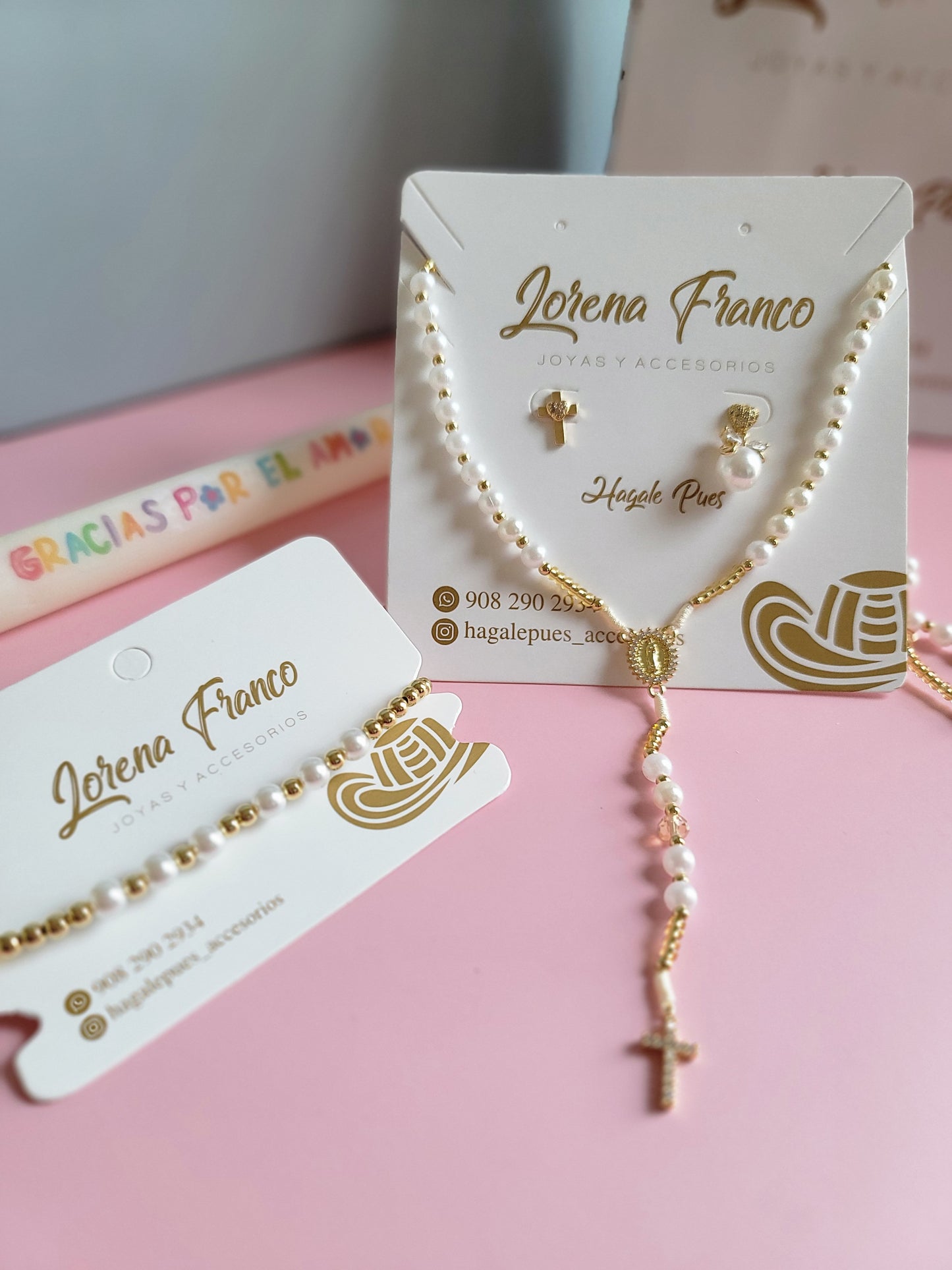 Set Rosario, Aretes y Pulsera Perlas