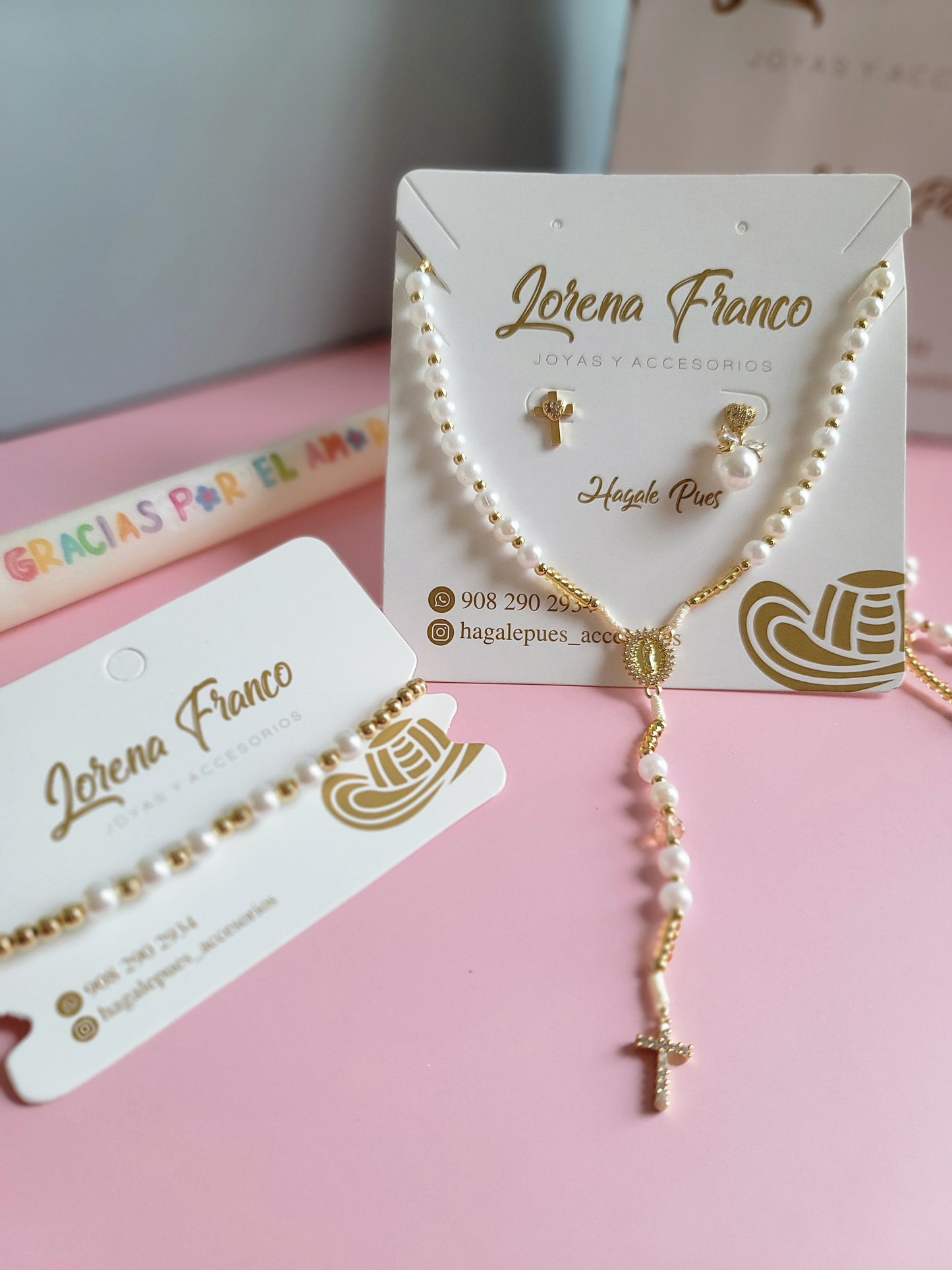 Set Rosario, Aretes y Pulsera Perlas