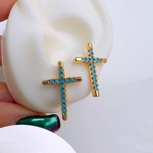 Blue stone cross earrings Z