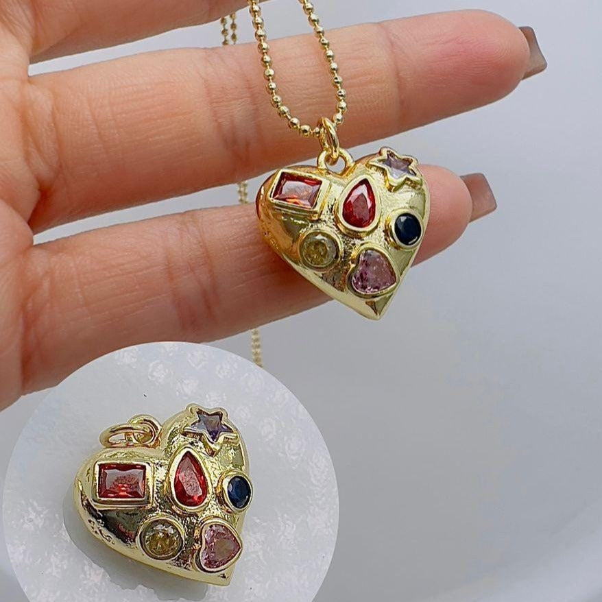 Cadena mini balin con dije de corazon de colores C