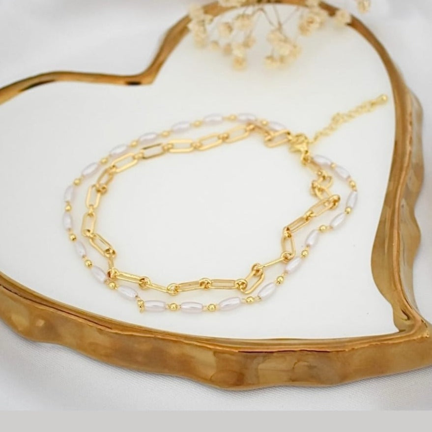 Anklet with links and elongated pearls T