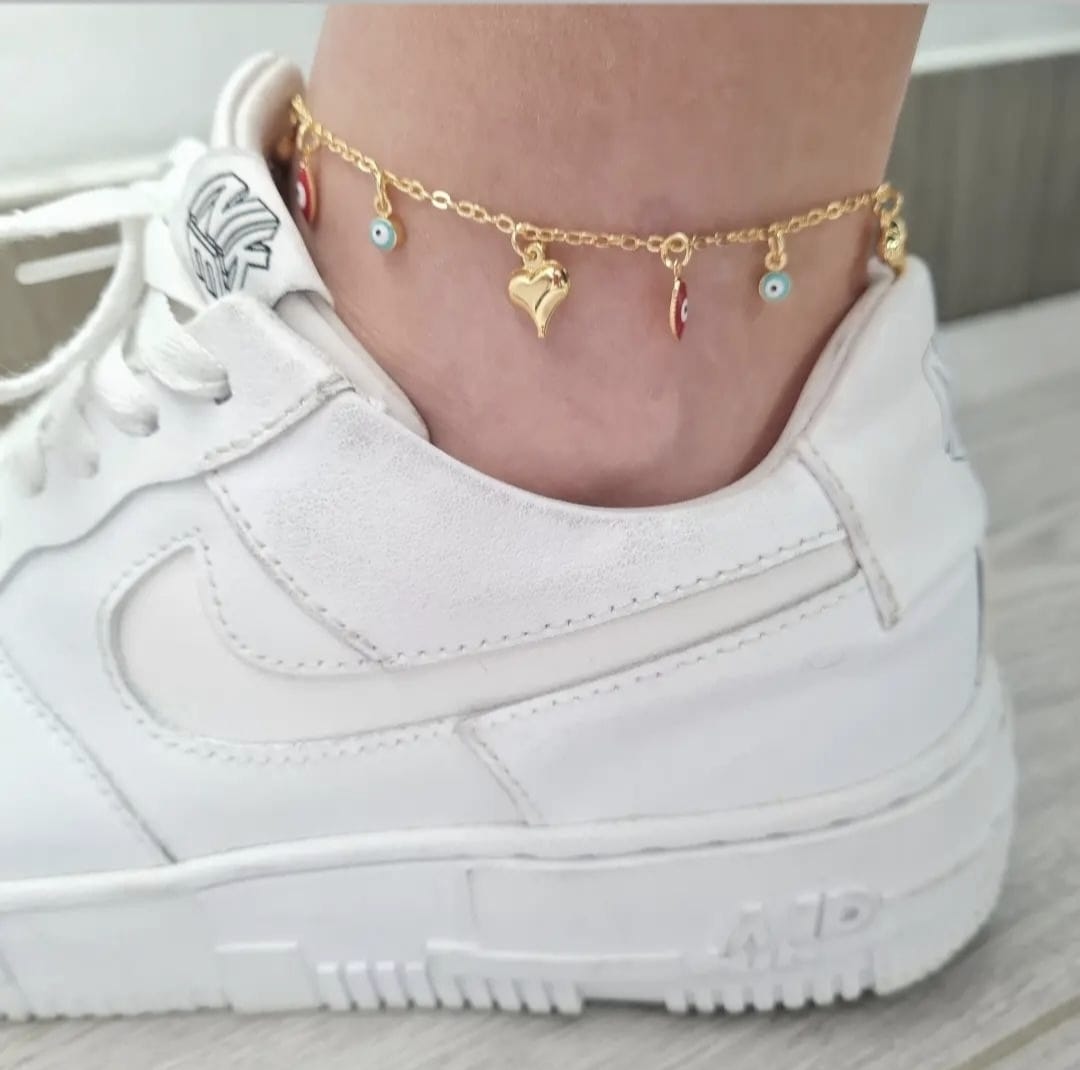 Anklet with rhodium hearts and Turkish eyes T
