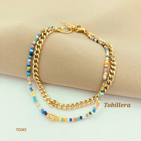 Tobillera cadena cubana y  mostacillas multicolores T