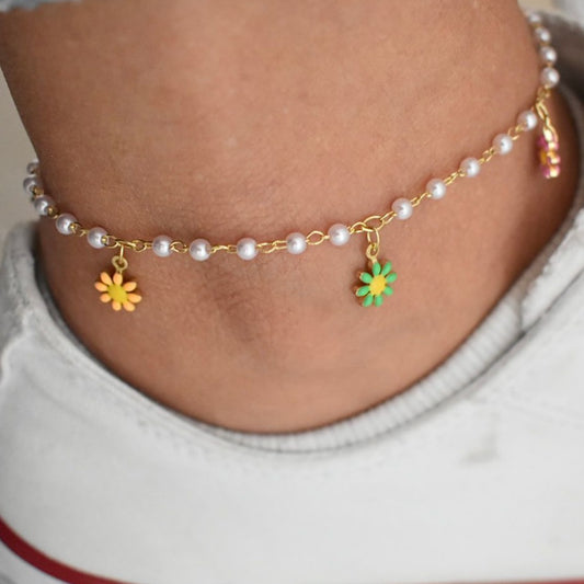 Tobillera perlas y flores T